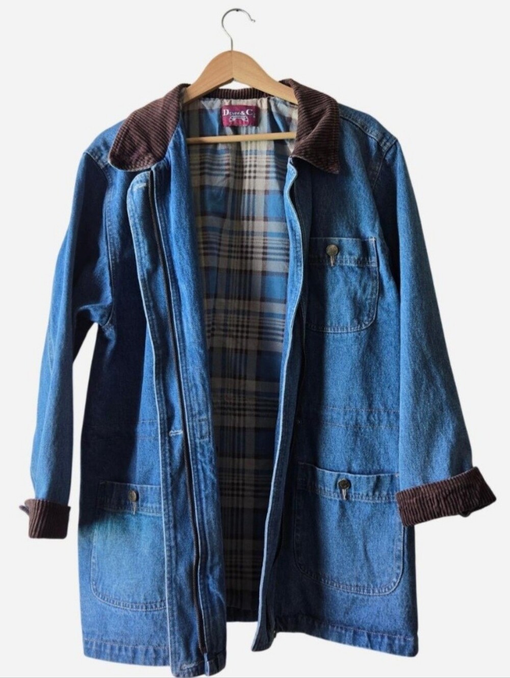 Vintage Denim & Co. Oversized Jean Coat Jacket — Plaid Flannel Lined | L